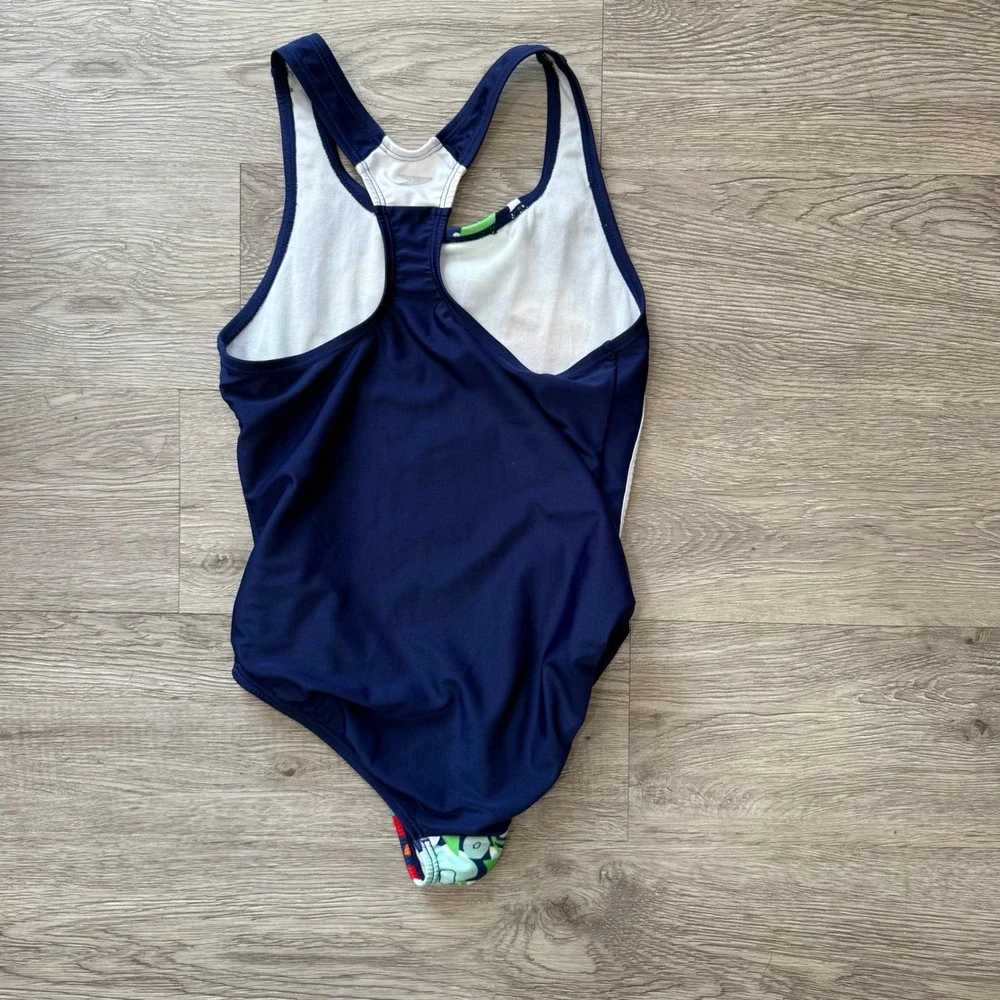 Speedo Girls Size 12 One Piece Swimsuit Floral Navy Blue‎ Racerback Athletic